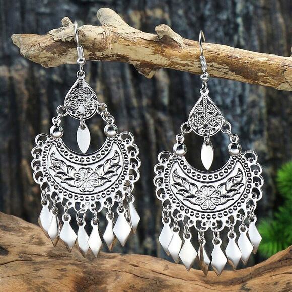 Silver Ethnic Feather Aztec Style Geometric Tassel Alloy Drop Earrings Flower - Picture 5 of 6